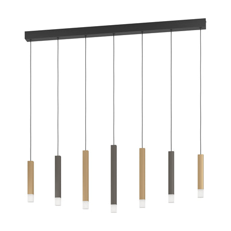 Korbelle Linear Pendant Light featuring a black ceiling bar with seven slim square tubes in alternating gold and brown, staggered lengths and satin diffuser tips, shown on a white background.