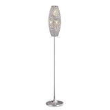 The Kos 4 Light Crystal Floor Lamp features a polished chrome base and a cylindrical shade adorned with crystal-like accents, providing soft, elegant illumination.
