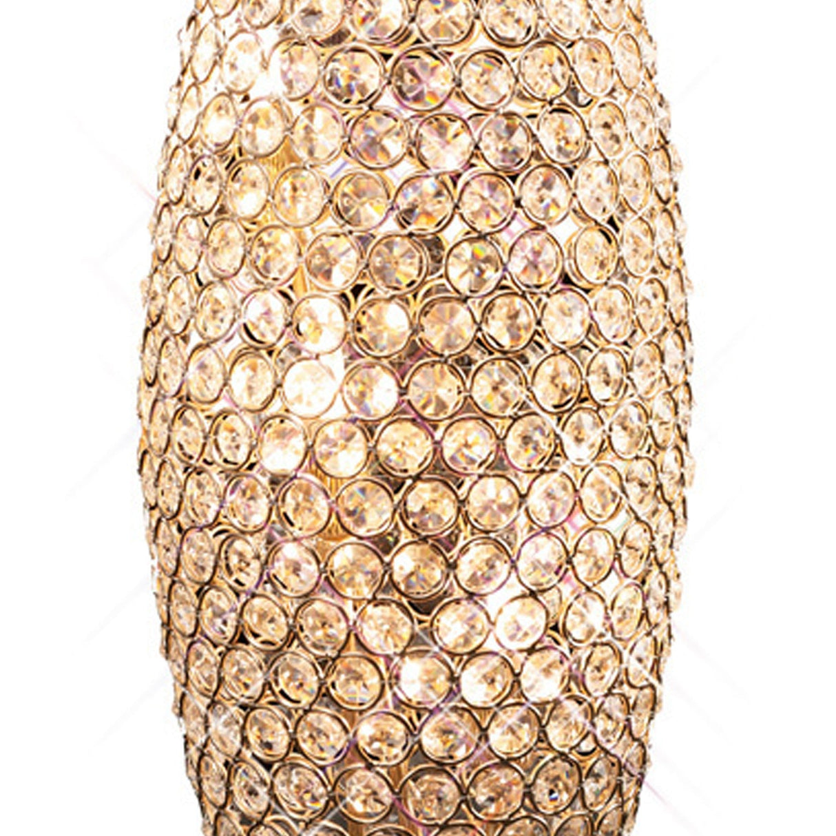 A close-up of the Kos 3 Light Crystal Table Lamp in French Gold, featuring a cylindrical shade with circular crystals that create a sparkling, luxurious pattern—perfect decorative lighting for any space.