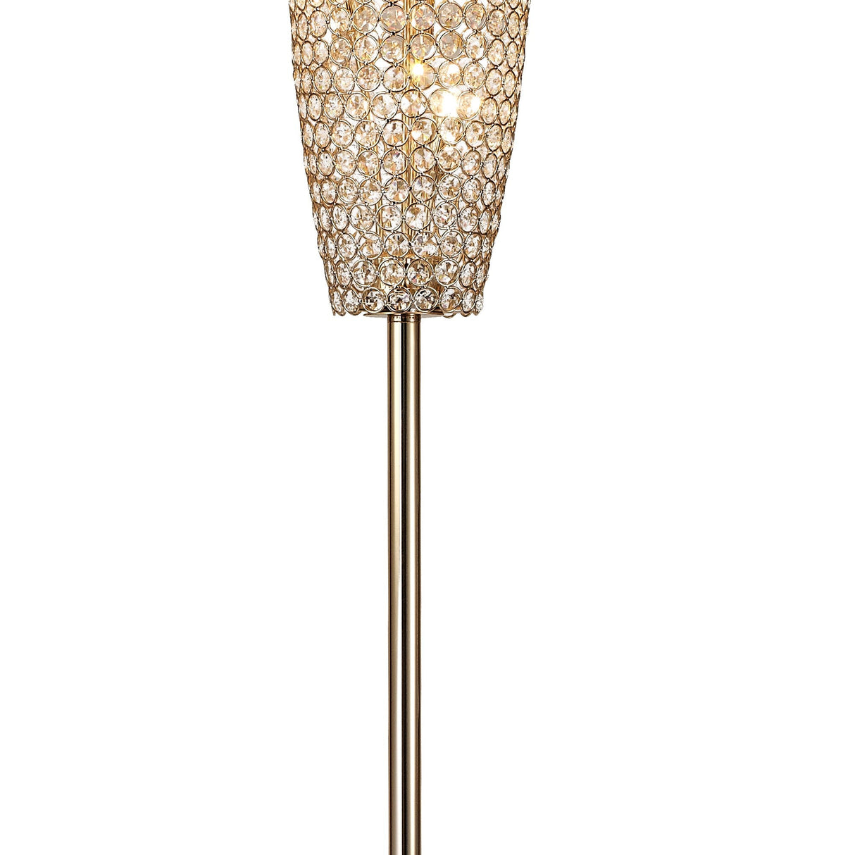 The Kos 4 Light Crystal Floor Lamp in French Gold features a sleek metal stand and a tapered shade embellished with clear crystal-like beads, offering contemporary style and a warm, inviting glow.