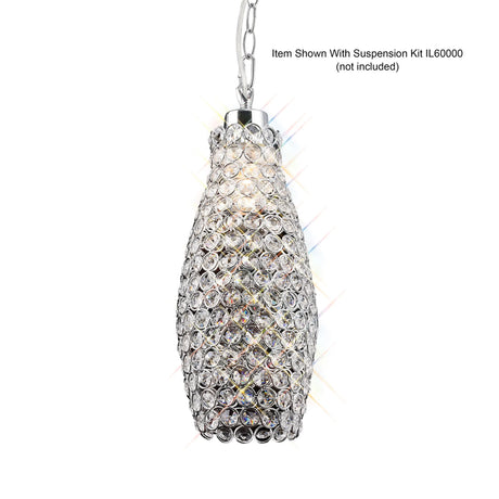 Kudo Lamp Shade 13cm Crystal in Polished Chrome, a tapered drum-shaped shade covered in clear crystal beading, shown suspended on a chain against a white background.