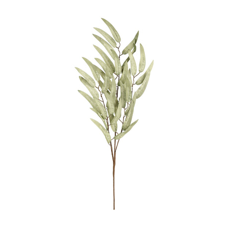 Kunming Artificial Leaf Spray in muted sage green, a single brown stem branching into narrow, slender leaves, shown on a plain white background.