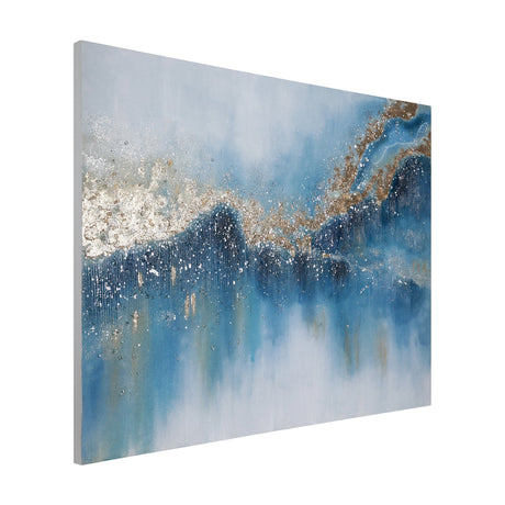 Kunohe Wall Art, a hand-painted abstract canvas in misty blue and soft white tones with a raised gold and champagne metallic band over navy streaks, shown at an angle on a plain white background.