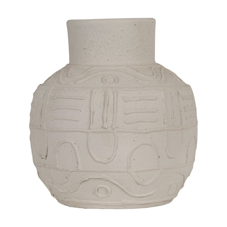 Kuzumaki Vase 26.7cm, rounded off-white textured vase with short straight neck and raised relief pattern of wavy lines, circles and bars, shown on a plain white background.