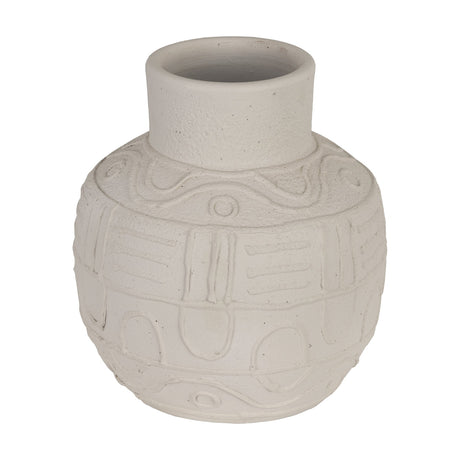 Kuzumaki Vase 26.7cm, a rounded off-white vase with a short straight neck, textured matt surface and raised relief bands of wavy lines, circles and bars, shown on a plain white background.