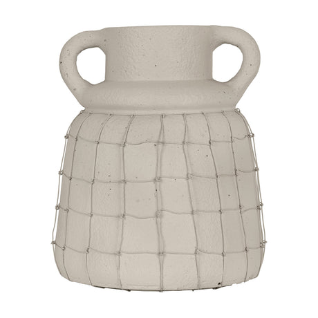 Kuzumaki Vase 26.7cm, a rounded light grey vessel with a wide neck, two chunky loop handles and a wire mesh overlay on its lower body, shown on a plain white background.