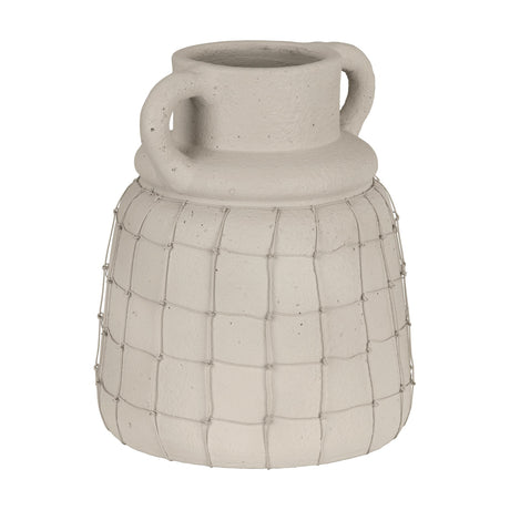 Kuzumaki Vase 26.7cm, a rounded light grey vessel with a wide neck, two chunky loop handles and a close-fitting wire mesh grid over its speckled textured body, shown on a plain white background.