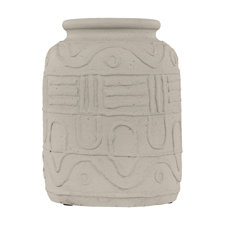 Kuzumaki Vase 27.9cm, a barrel-shaped stone grey vase with a rolled rim and raised relief bands of wavy lines, circles, ridged panels, and arches, shown on a white background.
