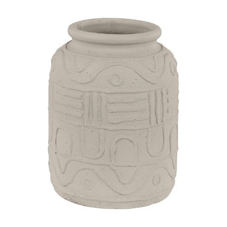 Kuzumaki Vase 27.9cm, a barrel-shaped stone grey vase with a rolled rim and raised relief bands of wavy lines, circles, and ridged arches, shown on a plain white background.