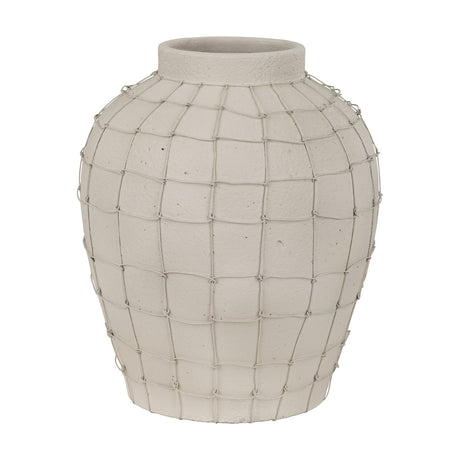 Kuzumaki Vase 30.5cm, a rounded pale grey vase with a grainy matt texture and a woven wire grid overlay, tapering to a short collar neck, shown on a white background.