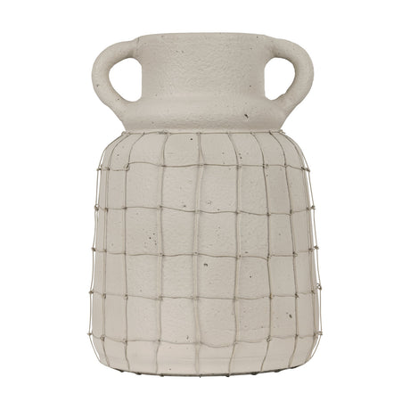 Kuzumaki Vase 32.4cm in off-white with a rounded, speckled body, two chunky loop handles at the neck, and a fine wire grid wrapped around it, shown on a plain white background.