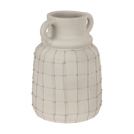 Kuzumaki Vase 32.4cm in off-white, rounded textured body with wire grid overlay, broad neck collar and two loop handles, on a plain white background.