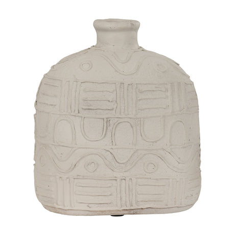 Kuzumaki Vase 35.6cm, a flat-sided off-white flask-shaped vase with short neck, rounded shoulders, and raised band patterning of waves, circles, and geometric lines, shown on a plain white background.