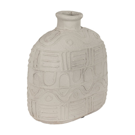 Off-white Kuzumaki Vase, 35.6cm, flat-sided flask shape with rounded shoulders, short neck, and raised relief bands of wavy lines, circles, and geometric patterns.
