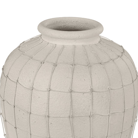 Close-up of the Kuzumaki Vase 38.1cm, an off-white textured ceramic vase with a rolled neck, wrapped in a knotted wire net, shown against a plain background.