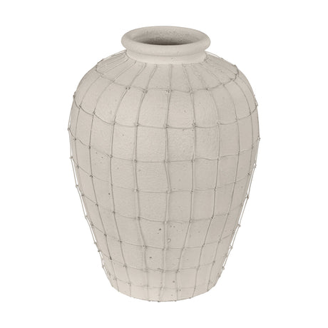 Kuzumaki Vase 38.1cm, an off-white textured ceramic vase with rounded body, rolled neck, and crisscrossing wire net overlay, shown on a plain white background.
