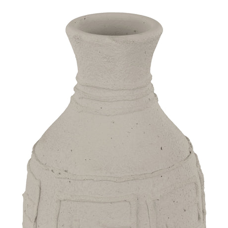 Close-up of the Kuzumaki Vase 40.6cm, a pale grey bottle-shaped vase with a flared neck, ridged collar, and raised geometric key pattern on a matt speckled surface, shown against a white background.