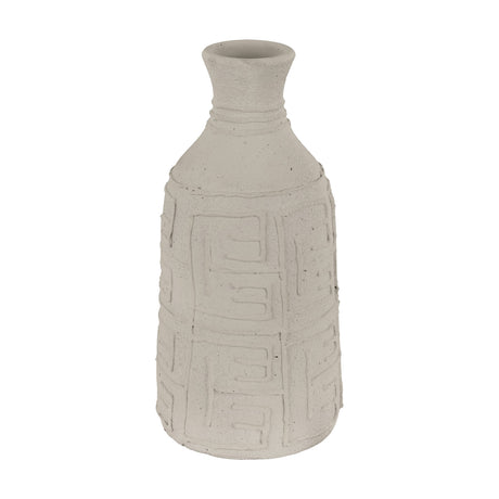 Kuzumaki Vase 40.6cm, a tall bottle-shaped pale grey vase with a flared neck, ridged collar, and raised geometric key pattern on a matt speckled surface, shown on a plain white background.