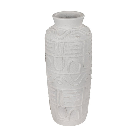 Kuzumaki Vase 44.5cm, a tall slender off-white vase with a flared rim and textured raised relief pattern of waves, lines and arches, shown on a plain white background.