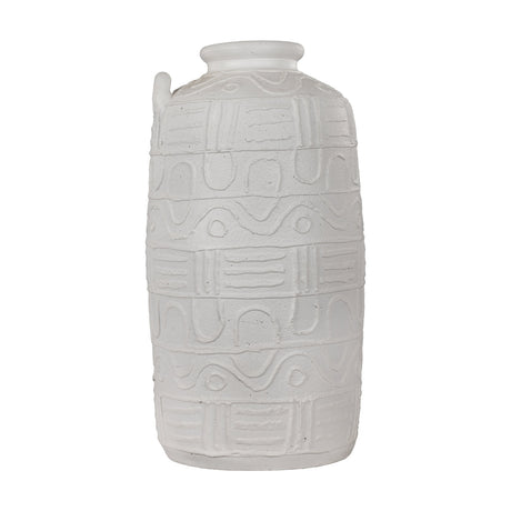 Kuzumaki Vase 55.9cm, a tall barrel-shaped off-white vase with a rolled neck, small loop handle, and tiered relief patterns of waves, arches and stripes, shown on a plain background.
