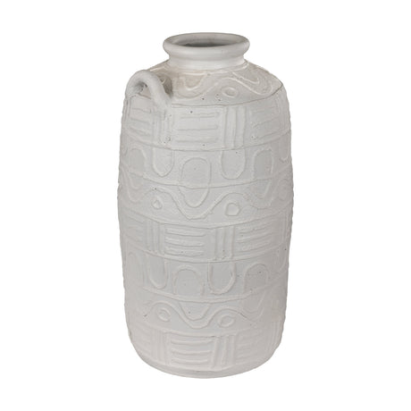 Kuzumaki Vase 55.9cm, a tall barrel-shaped off-white ceramic vase with a rolled neck, small loop handle, and raised relief bands of waves, arches and lines, on a plain white background.