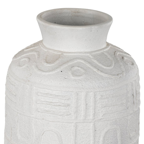 Kuzumaki Vase 61cm, close-up of a tall off-white ceramic vase with a flared neck and matt, textured body featuring wavy bands, stacked lines and circle motifs, shown on a plain white background.
