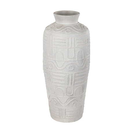 Kuzumaki Vase 61cm, a tall off-white ceramic vase with a flared neck and tapered body, decorated with raised wavy bands, arches and circles, shown on a plain white background.