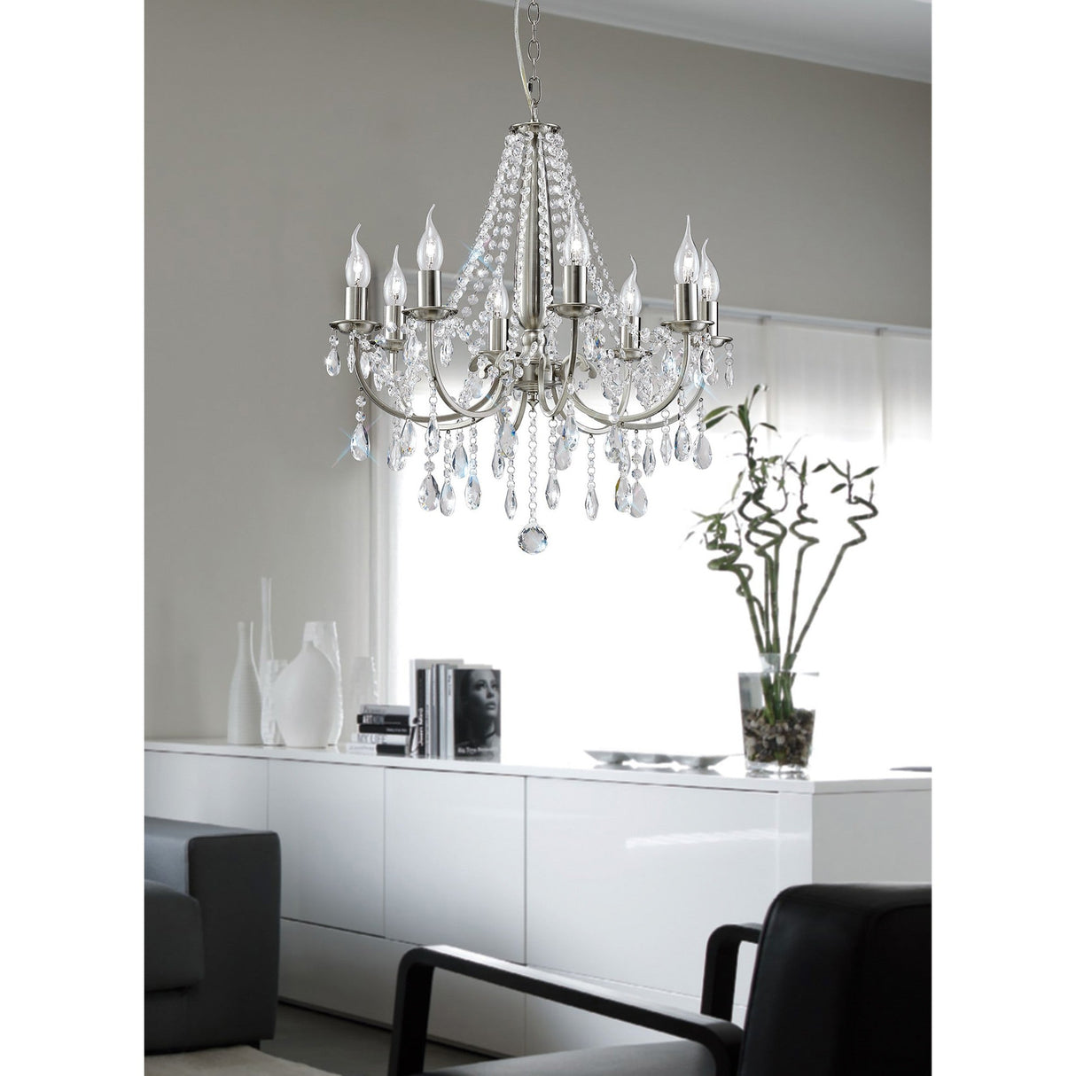 Kyra 58cm 8 Light Crystal Chandelier - Satin Nickel