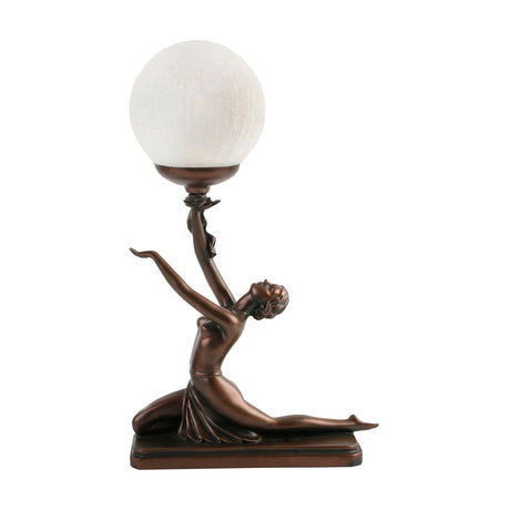 Bronze kneeling lady table lamp with raised arm holding a white crackle ball shade, draped skirt and stepped rectangular base, shown on a plain white background.