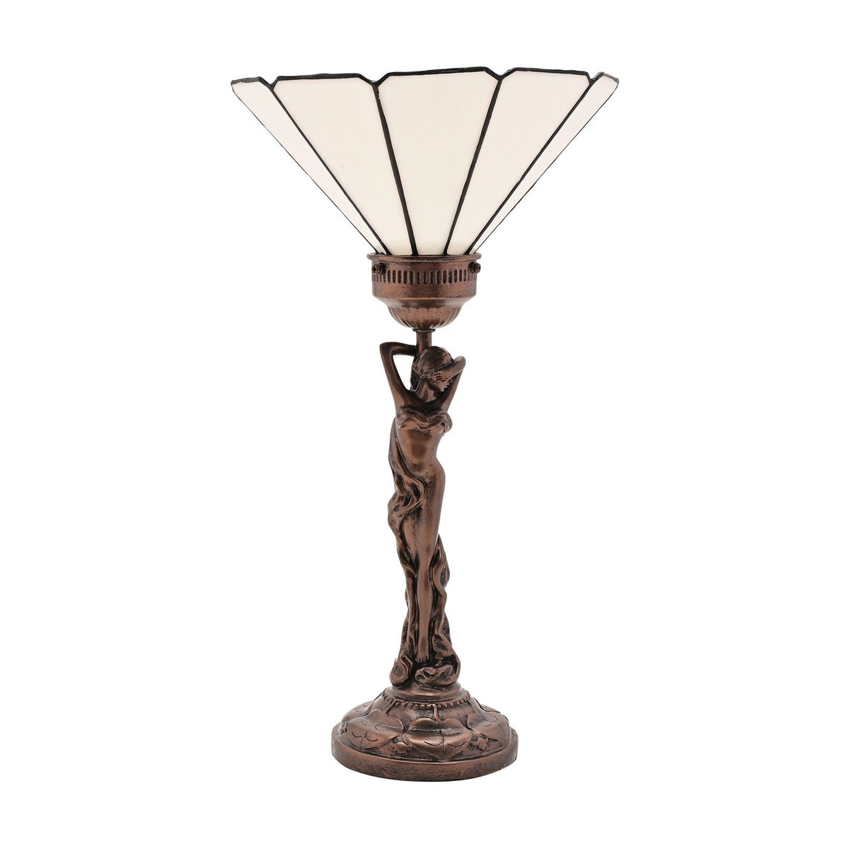 Art Nouveau Figurine Upright Table Lamp in bronze, a female figure with raised arms supporting a white panelled fan-shaped shade, on a petal-moulded round base, shown against a plain white background.