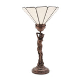 Art Nouveau Figurine Upright Table Lamp in bronze, a female figure with raised arms supporting a white panelled fan-shaped shade, on a petal-moulded round base, shown against a plain white background.