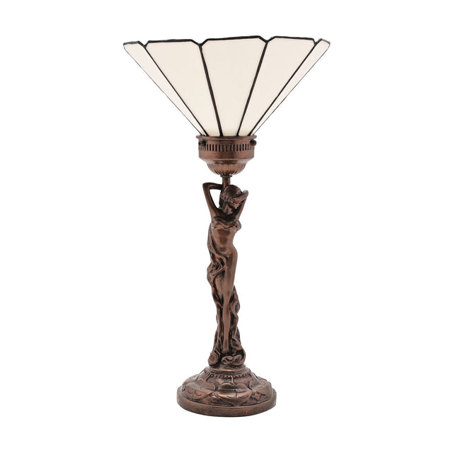 Art Nouveau Figurine Upright Table Lamp in bronze, a female figure with raised arms supporting a white panelled fan-shaped shade, on a petal-moulded round base, shown against a plain white background.
