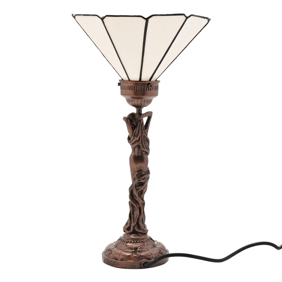 Art Nouveau upright table lamp with a bronze female figurine base holding a white panelled, upward-opening shade, set against a plain white background.