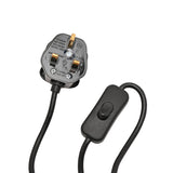 UK 3-pin plug with cord grip and inline on/off switch on black cable, shown on a plain white background.