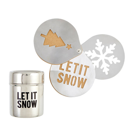Let It Snow iron shaker and stencils gift set with a polished silver mesh-lid canister and three silver stencils featuring a Christmas tree, text, and a snowflake, on white.