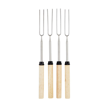 Set of four s'more roasting forks with silver iron shafts, long twin prongs, black collars, and pale brown wooden handles, shown upright on a plain white background.