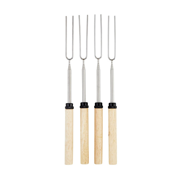 Set of four s'more roasting forks with silver iron shafts, long twin prongs, black collars, and pale brown wooden handles, shown upright on a plain white background.