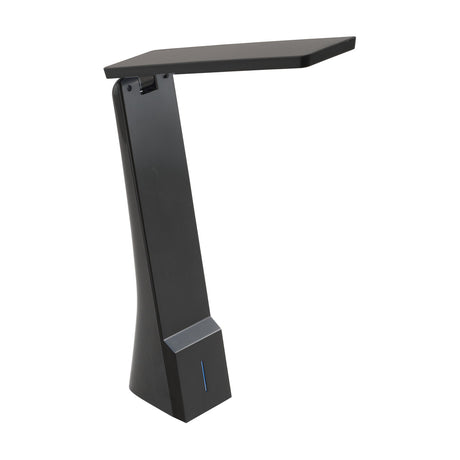 La Seca LED touch table lamp in black plastic, with a flat rectangular hinged head on a tapered stem and squared base, shown on a plain white background.