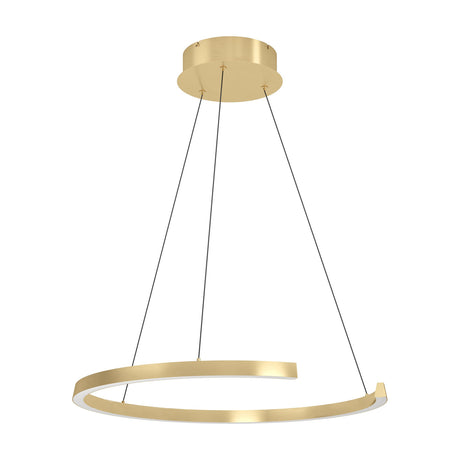 Labonete Pendant Light in gold, an open spiral ring in aluminium and steel with a white diffuser, suspended on three fine wires from a round ceiling canopy against a plain white background.