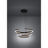 Labonete LED pendant light in black, featuring three tiered spiral rings on fine suspension wires from a round ceiling canopy, dimmable, shown against a plain grey background.
