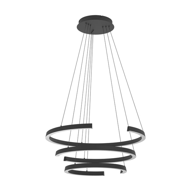 Labonete Pendant Light 50W in black, featuring tiered spiral LED rings suspended on fine wires from a round ceiling canopy, shown against a plain white background.
