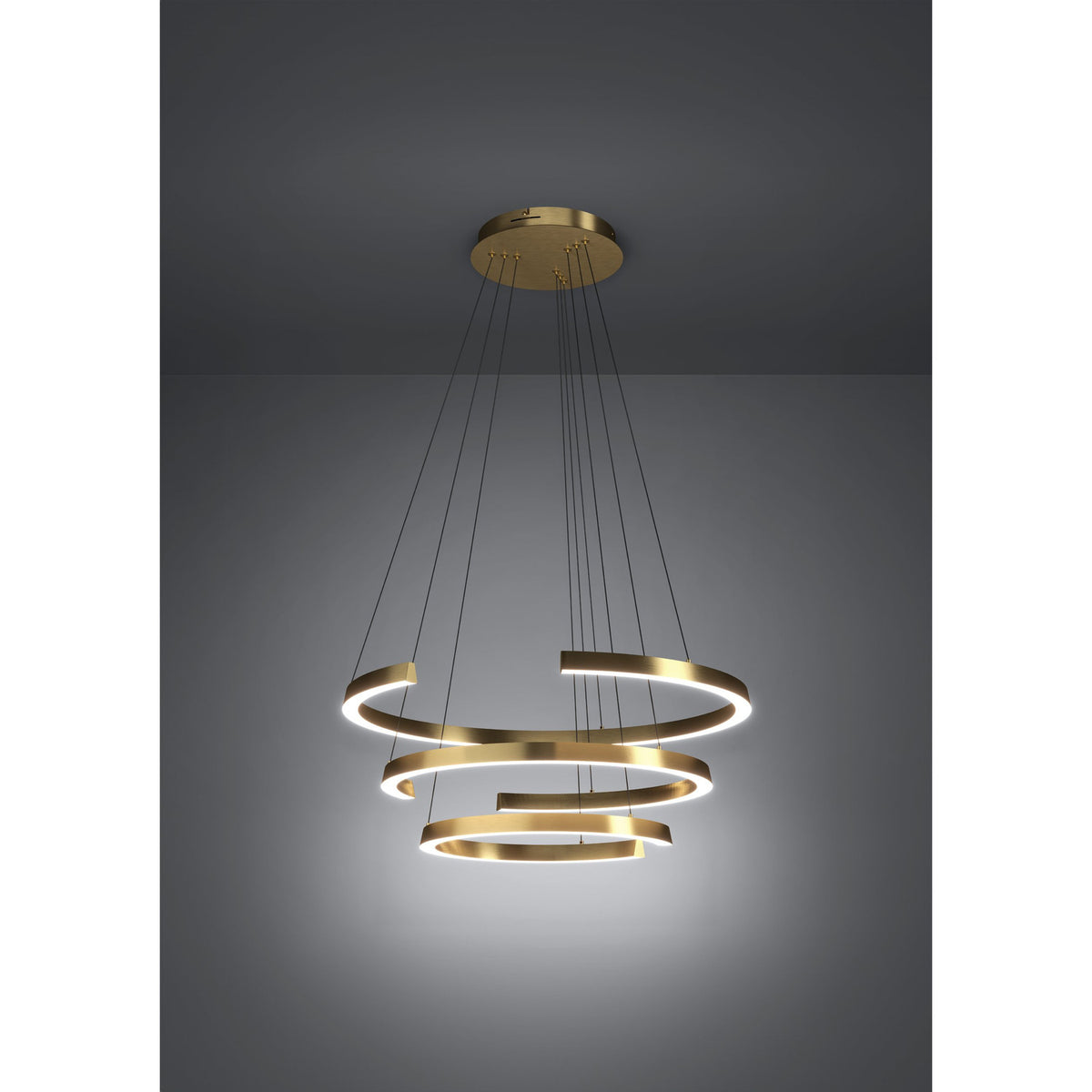 Labonete LED Pendant Light 50W in gold, featuring three open curved bands in staggered aluminium and steel rings, suspended from a round ceiling canopy against a grey studio background.