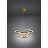 Labonete LED Pendant Light 50W in gold, featuring three open curved bands in staggered aluminium and steel rings, suspended from a round ceiling canopy against a grey studio background.
