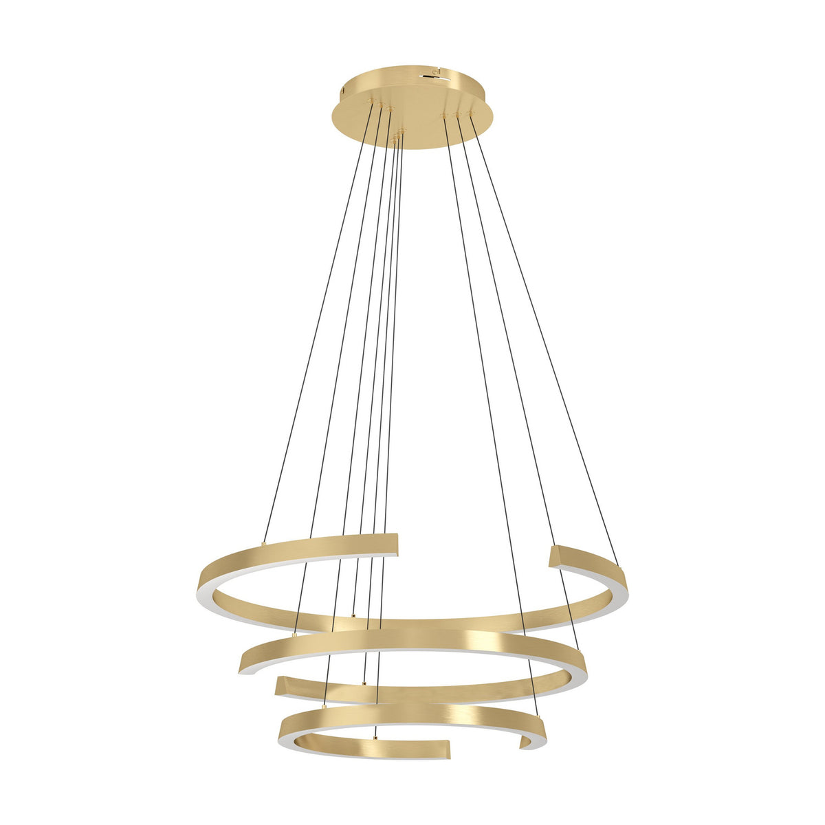 Labonete 50W Gold Pendant Light with three curved aluminium and steel bands in decreasing sizes, staggered on wires from a round ceiling canopy.