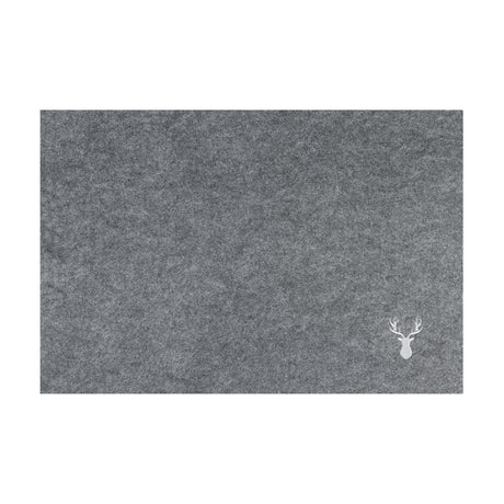 Lakandava Placemat in dark grey heathered felt, rectangular with a light grey embroidered stag's head in one corner, shown on a plain white background.