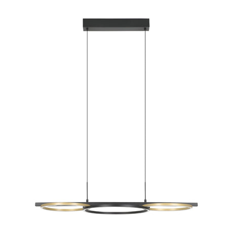 Lanacera linear pendant light in black and gold with three overlapping rings—gold-lined outer rings and a black centre ring—on a slim bar, hung from a black ceiling canopy.