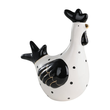 Landjut ceramic cockerel ornament with a rounded white body dotted in black, black comb, wattle, wings and fanned tail with gold detailing, on a plain white background.