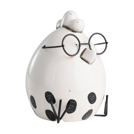Landjut Ceramic Hen Ornament, 16cm, with a glossy white egg-shaped body, black polka-dot base, round wire glasses, and folded wire legs, shown on a plain white background.