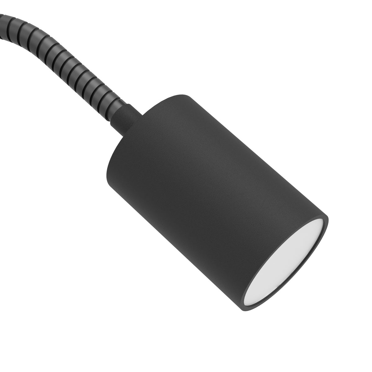 Lardaro Clamp Lamp in black with a flexible gooseneck arm and cylindrical plastic head, shown on a plain white background.