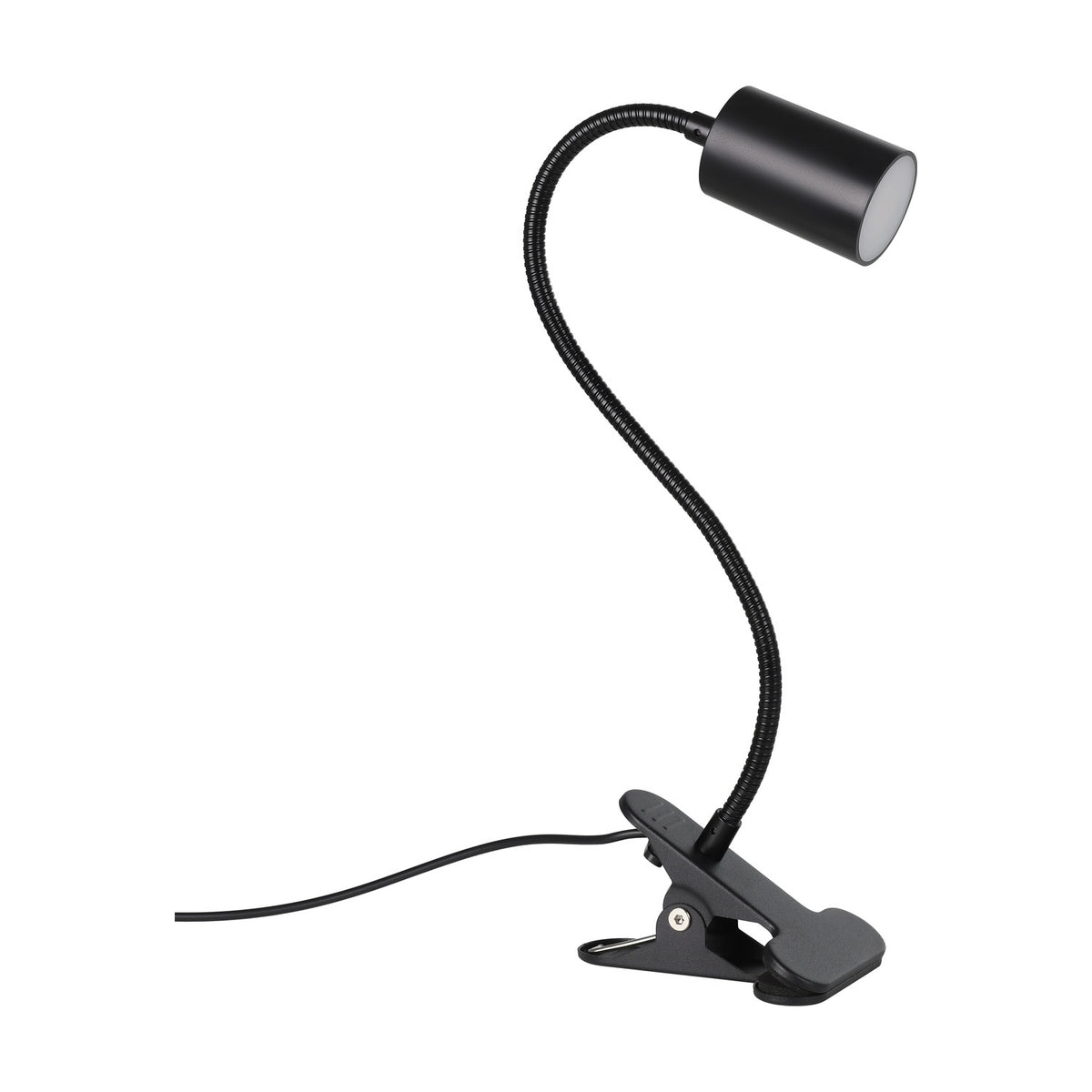 Lardaro Clamp Lamp in black with a flexible gooseneck arm, cylindrical head and sprung clip base, plastic finish, shown on a plain white background.
